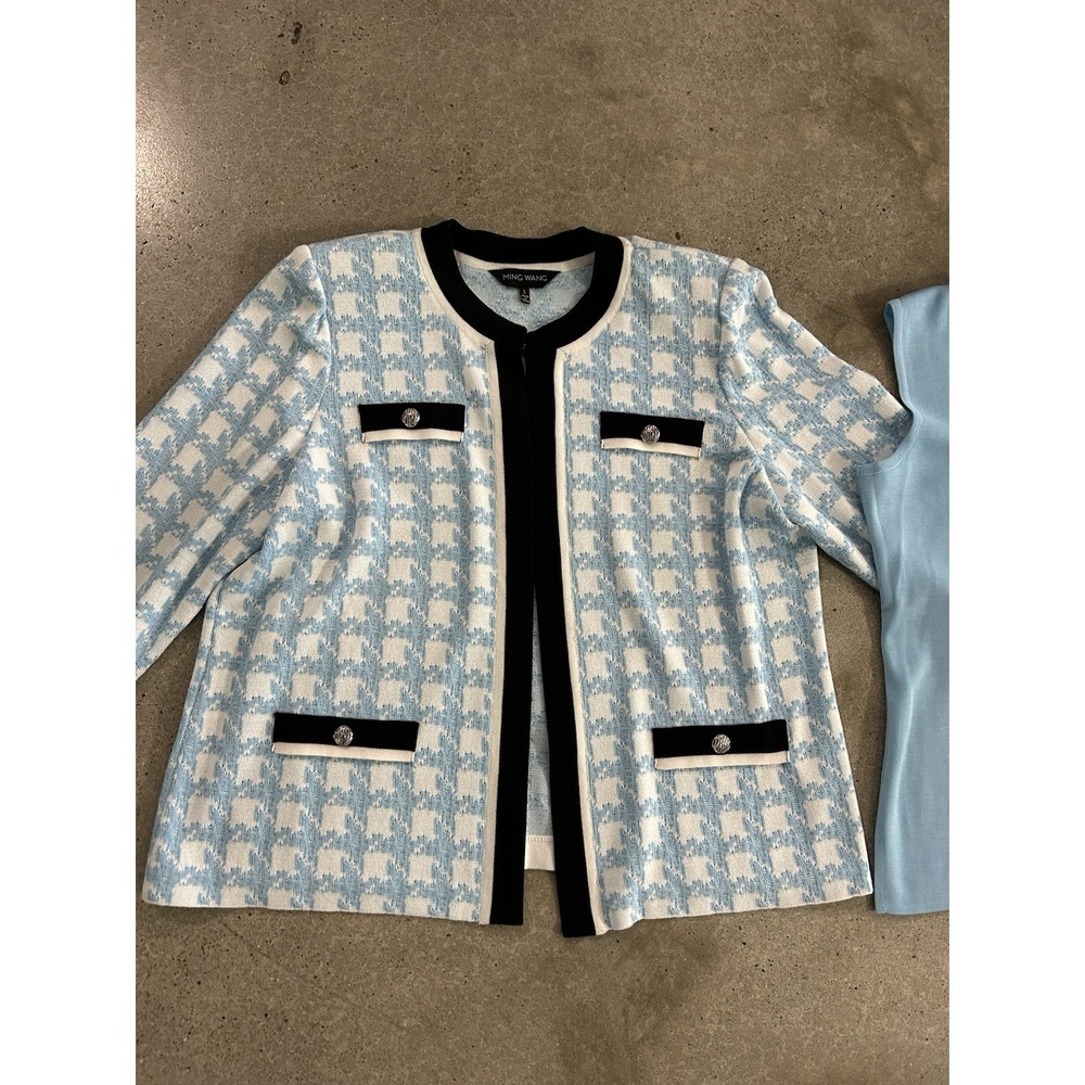 MING WANG Jacket Houndstooth Knit Sky Baby Blue Black White & Tank SZ L - Picture 3 of 13